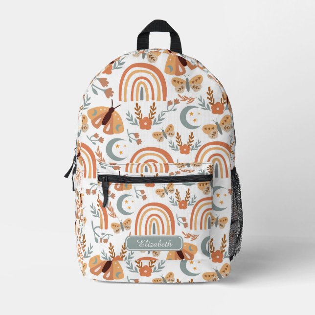 Cute Girly Boho Floral Luna Moth Daisy Floral Printed Backpack (Front)