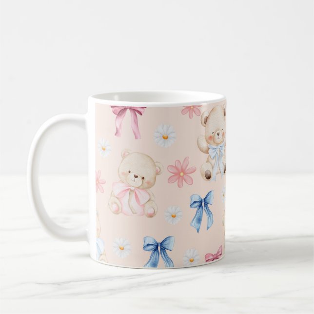Cute Girly Bow Teddy Bears Seamless Pattern Coffee Mug (Left)