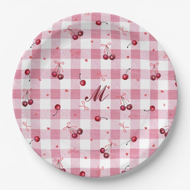 Cute Girly Bows Cherries Pink Gingham Plaid Name Paper Plate (Front)