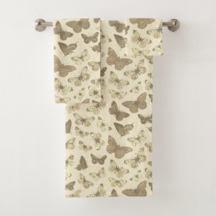 Cute Girly Butterfly Pattern Beige Bath Towel Set
