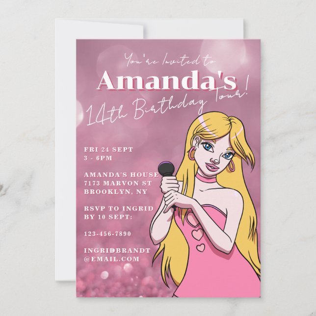 Cute Girly Cartoon Pop Music 14th Birthday Invitation (Front)