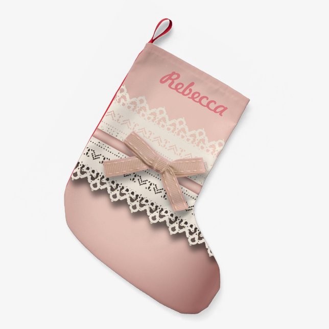 cute girly chic white lace dusty rose pink bow small christmas stocking (Front (Hanging))