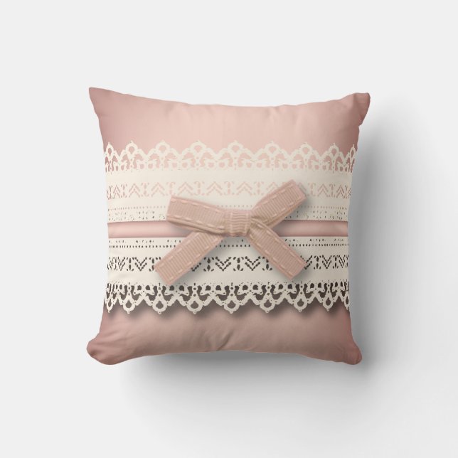cute girly chic white lace dusty rose pink bow throw pillow (Front)