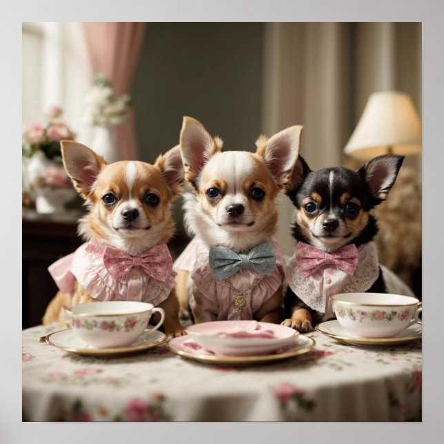 Cute Girly Chihuahua Tea Party  Poster (Front)