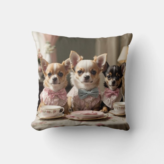 Cute Girly Chihuahua Tea Party  Throw Pillow (Front)