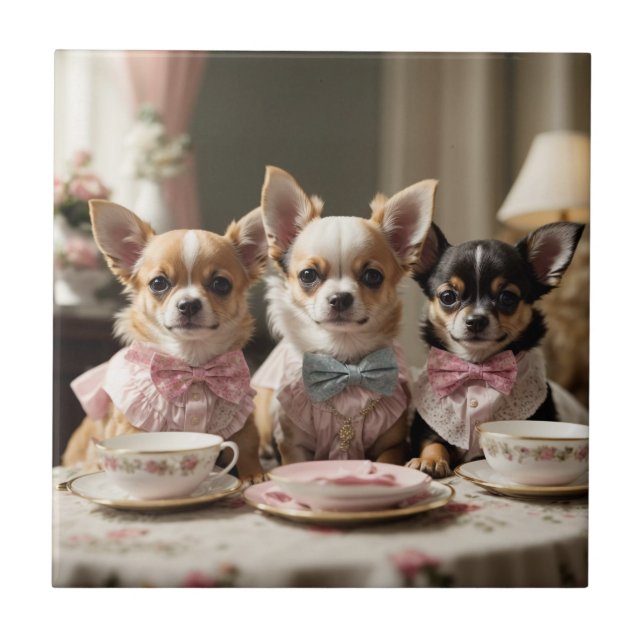 Cute Girly Chihuahua Tea Party  Tile (Front)