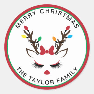 Cute Girly Christmas Reindeer Red Nose Face Classic Round Sticker