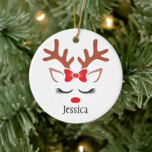 Cute girly Christmas Reindeer red nose lashes Ceramic Ornament