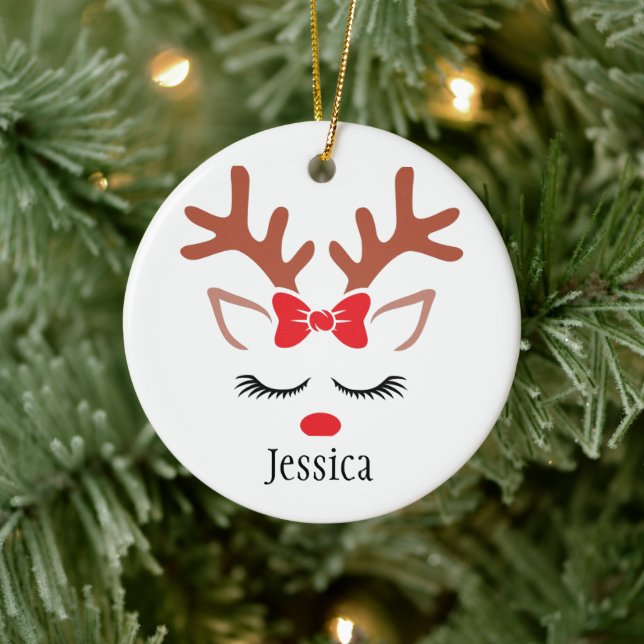 Cute girly Christmas Reindeer red nose lashes Ceramic Ornament (Tree)