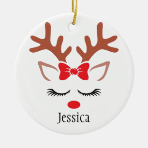 Cute girly Christmas Reindeer red nose lashes Ceramic Ornament