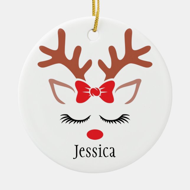 Cute girly Christmas Reindeer red nose lashes Ceramic Ornament (Front)