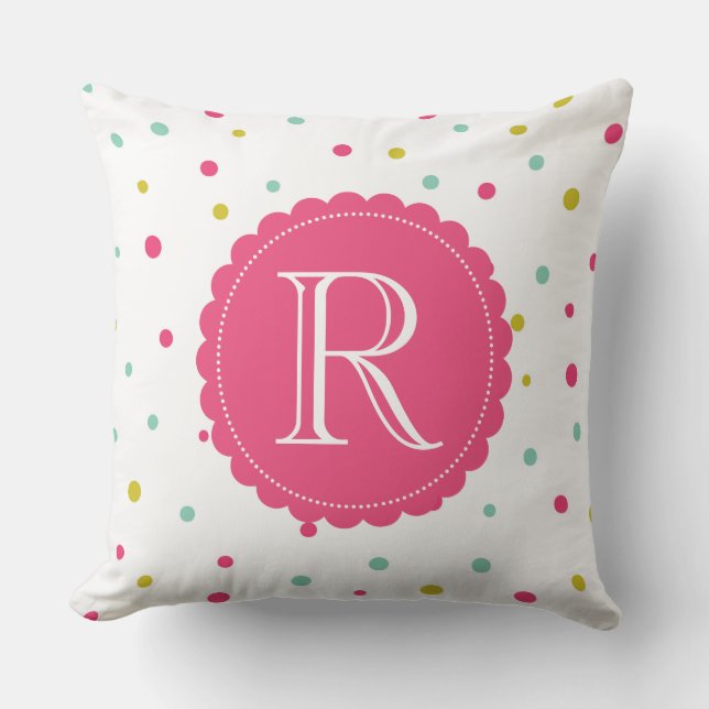 Cute & Girly Colourful Confetti Pattern Monogram Throw Pillow (Front)