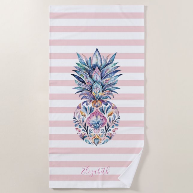Cute Girly Colourful Pineapples Pink Stripes  Beach Towel (Front)