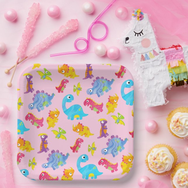 Cute Girly Colourful Pink Dinosaur Theme Birthday Paper Plate (Party)