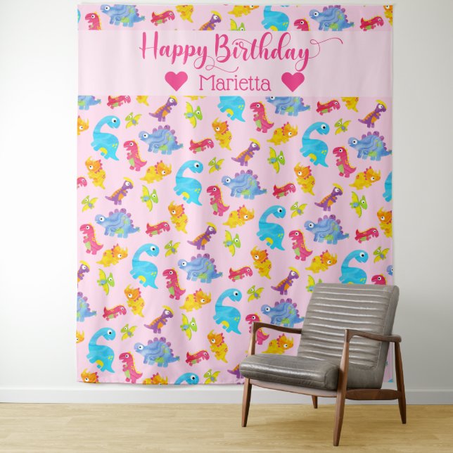 Cute Girly Colourful Pink Dinosaur Theme Birthday Tapestry (In Situ)