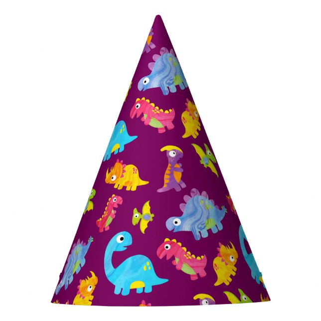 Cute Girly Colourful Purple Dinosaur Theme Birthda Party Hat (Front)