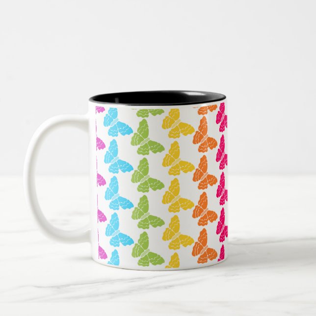 Cute Girly Colourful Rainbow Butterfly Pattern  Two-Tone Coffee Mug (Left)