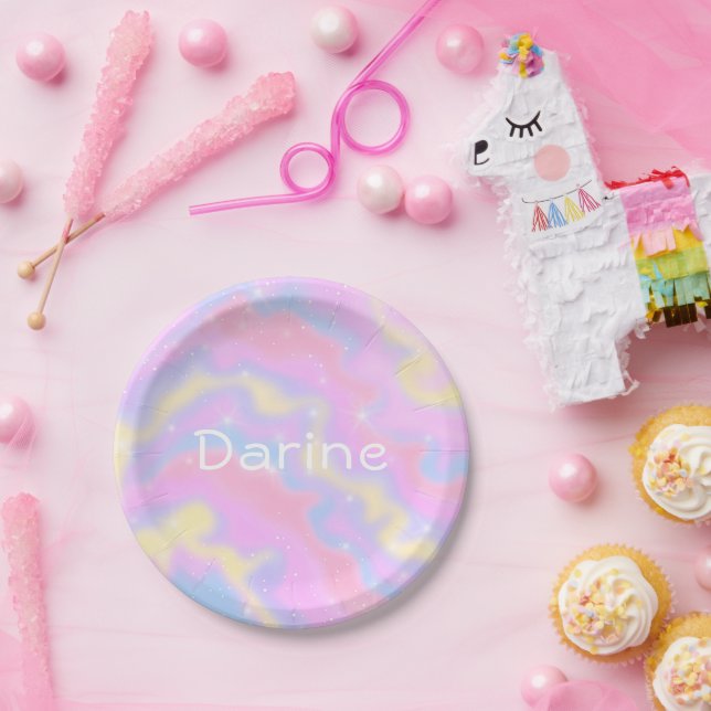 Cute Girly Colourful Sparkles Rainbow Name Paper Plate (Party)
