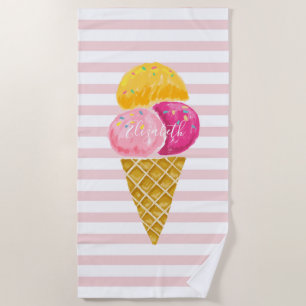 Cute Girly Cool Ice Cream Pink Stripes Beach Towel