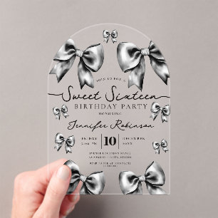 Cute Girly Coquette Bow Sweet 16 Birthday Black Acrylic Invitations