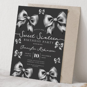 Cute Girly Coquette Bow Sweet 16 Birthday Black Invitation