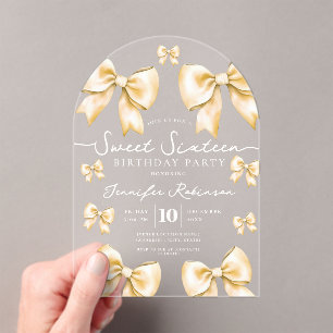 Cute Girly Coquette Bow Sweet 16 Birthday Gold Acrylic Invitations