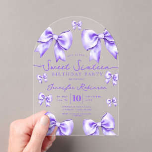 Cute Girly Coquette Bow Sweet 16 Birthday Purple Acrylic Invitations
