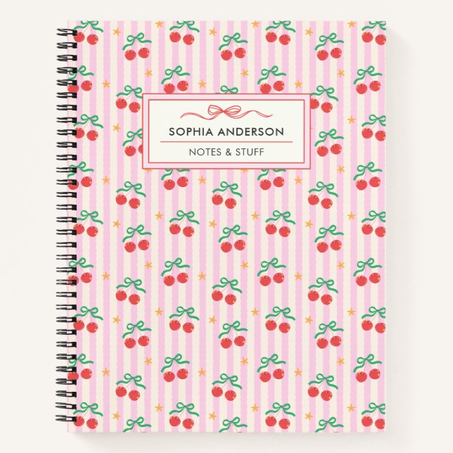 Cute Girly Coquette Cherries with Stripes Custom Notebook (Front)