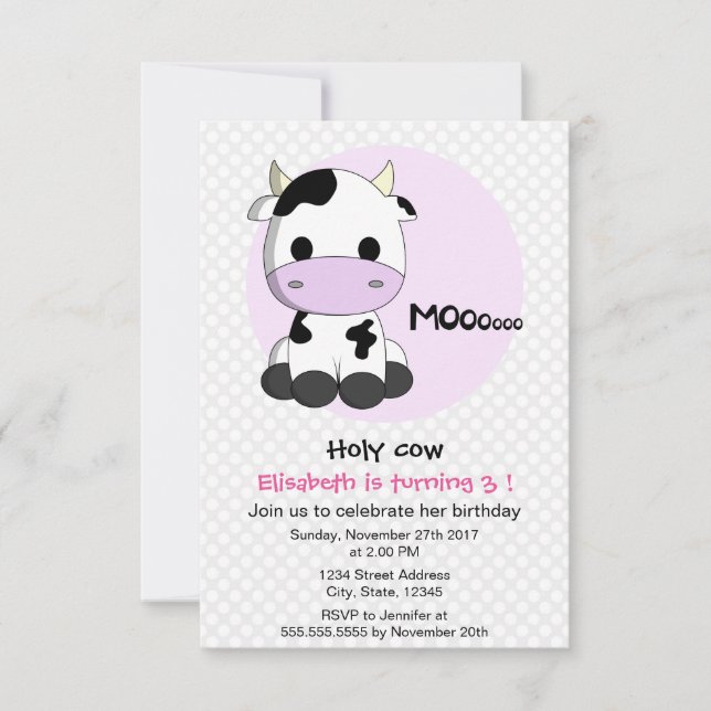 Cute girly cow polkadots girl kids birthday party invitation (Front)