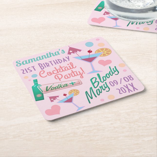 Cute Girly Custom 21st Birthday Cocktails  Square Paper Coaster (Angled)