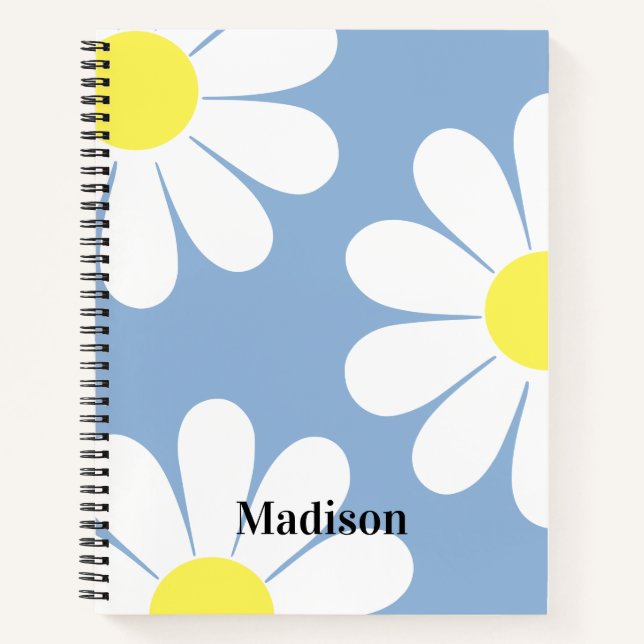 Cute Girly Daisy Personalized Kids Blue Notebook (Front)