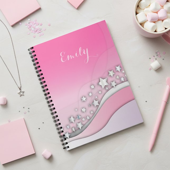 Cute Girly Dreamy Silver Stars on Blush Pink Name  Notebook (Creator Uploaded)