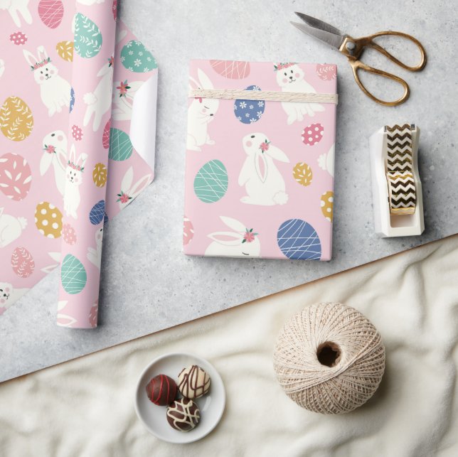Cute Girly Easter Bunny Modern Pink Floral Eggs Wrapping Paper (Crafts)