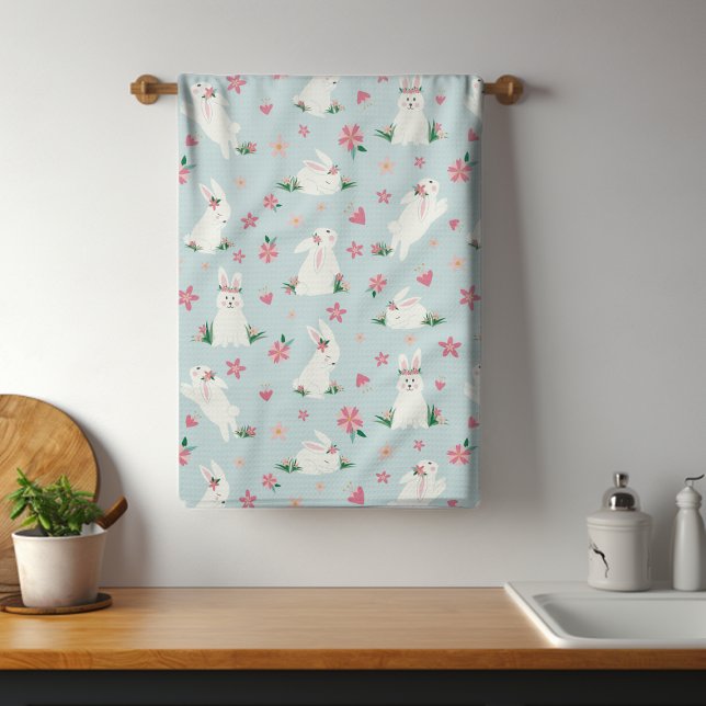 Cute Girly Easter Bunny Modern Pink Floral Kitchen Towel (Creator Uploaded)
