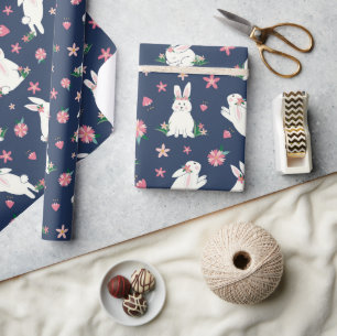 Cute Girly Easter Bunny Rabbit Modern Blue Pink Wrapping Paper