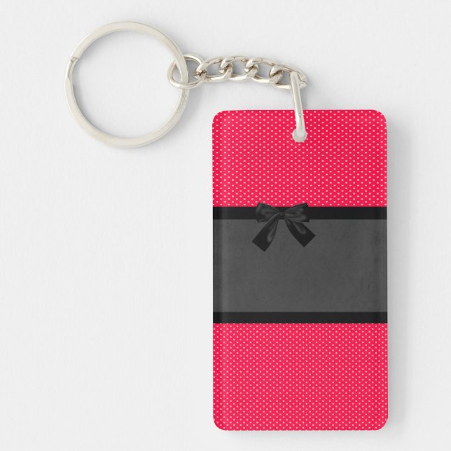 Cute Girly Elegant Red Polka Dots -Black Bow Keychain (Front)