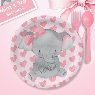 Cute Girly Elephant Pink Bow Birthday Party  Paper Plate