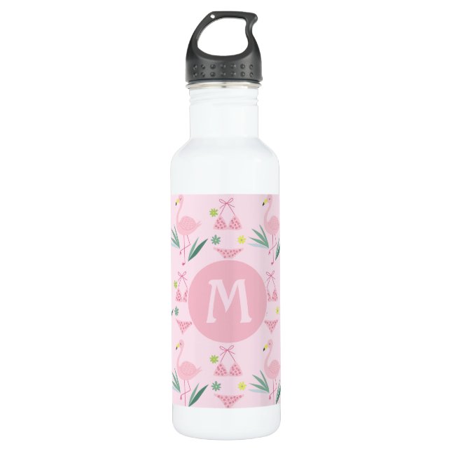 Cute Girly Flamingo and Bikini Pink Monogram 710 Ml Water Bottle (Front)