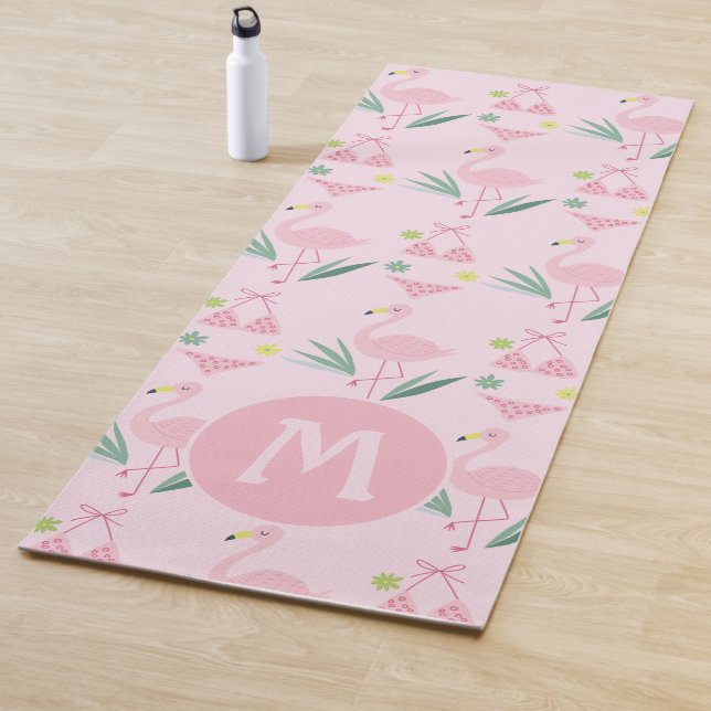 Cute Girly Flamingo and Bikini Pink Monogram Yoga Mat (In Situ)