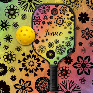   Cute Girly Floral Cool Rainbow Customizable Name Pickleball Paddle