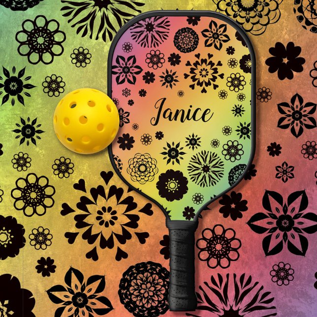   Cute Girly Floral Cool Rainbow Customizable Name Pickleball Paddle (Creator Uploaded)