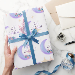 Cute Girly Floral Crescent Islamic Eid Mubarak Wrapping Paper