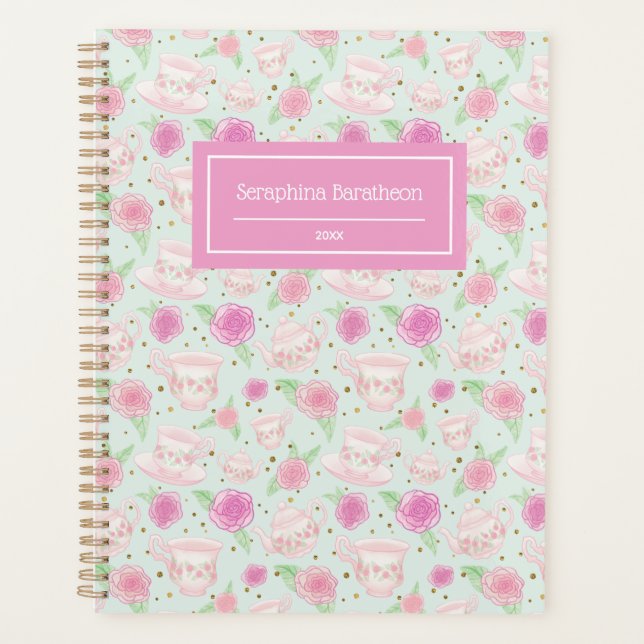 Cute Girly Floral Tea Cups Pattern Personalized Planner (Front)