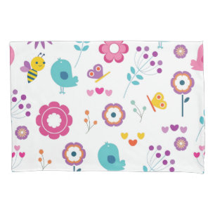 Cute Girly Flower Garden with Birds and Bees Pillowcase