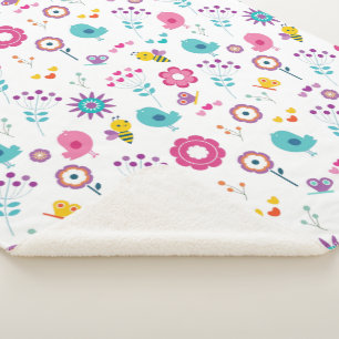 Cute Girly Flower Garden with Birds and Bees Sherpa Blanket