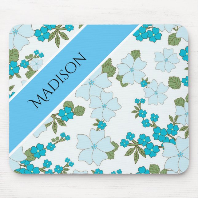 Cute Girly Flower Personalized Name Blue Mouse Pad (Front)