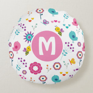 Cute Girly Flowers and Birds Pattern Personalised Round Pillow