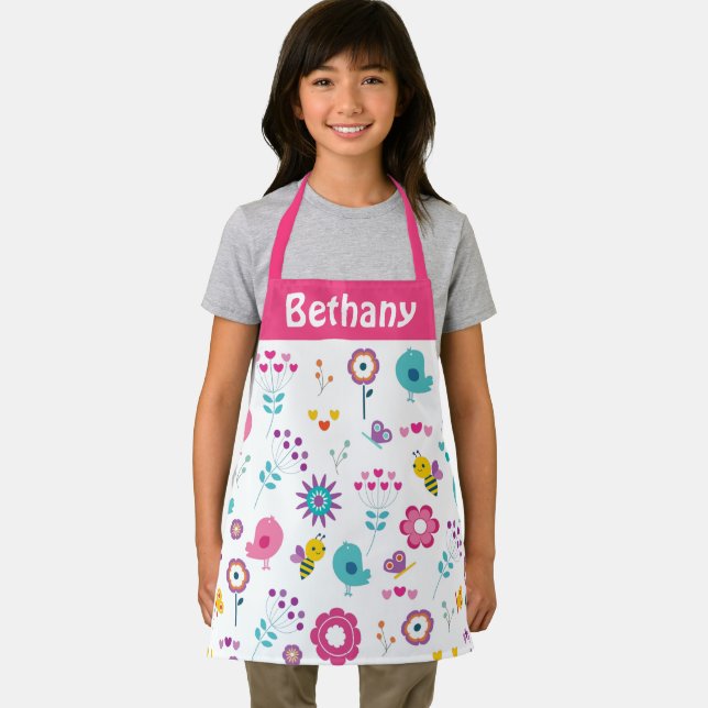 Cute Girly Flowers Birds and Bees Pattern Name Apron (Insitu)