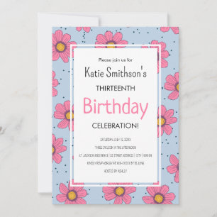 Cute Girly Flowers Pastel Pink & Blue Birthday Inv Invitation