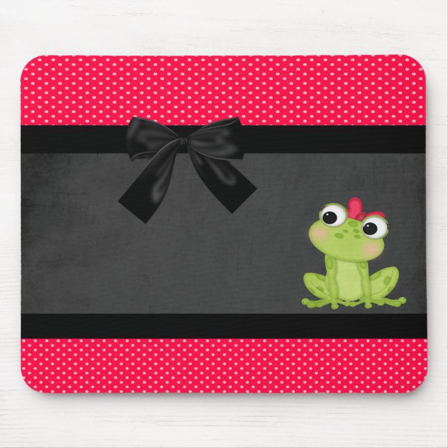 Cute Girly Frog On Red Polka Dots -Black Bow Mouse Pad (Front)